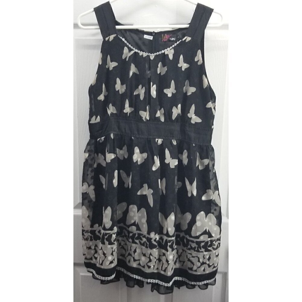 Yumi Handmaid Dress Black/Grey Butterfly Print Layered Skirt Sz is L measures S